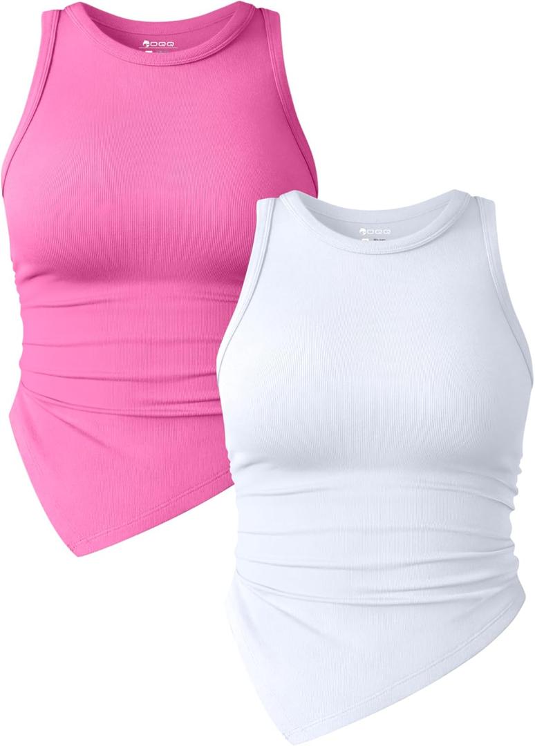 OQQ Women's 2 Piece Tank Tops Ruched Crew Neck Sleeveless Basic Stretch Tee Shirts Crop Camis Rose White, X-Large