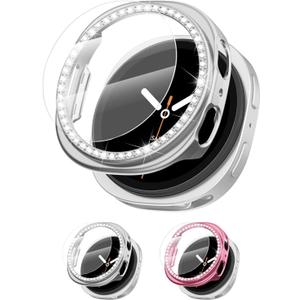 [2+2Pack Bling Diamond Case for Samsung Galaxy Watch 8 Screen Protector 44mm Women, Glitter Rhinestone Protective Hard PC Bumper Covers for Galaxy Watch 8 Case 44mm Cover Accessories (06-Pink/Silver)