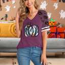 Halloween Shirts Women Fall Pumpkin Tshirt Ghost T Shirt Skeleton Tops Casual V Neck Short Sleeve Tees (Purple, XXL)