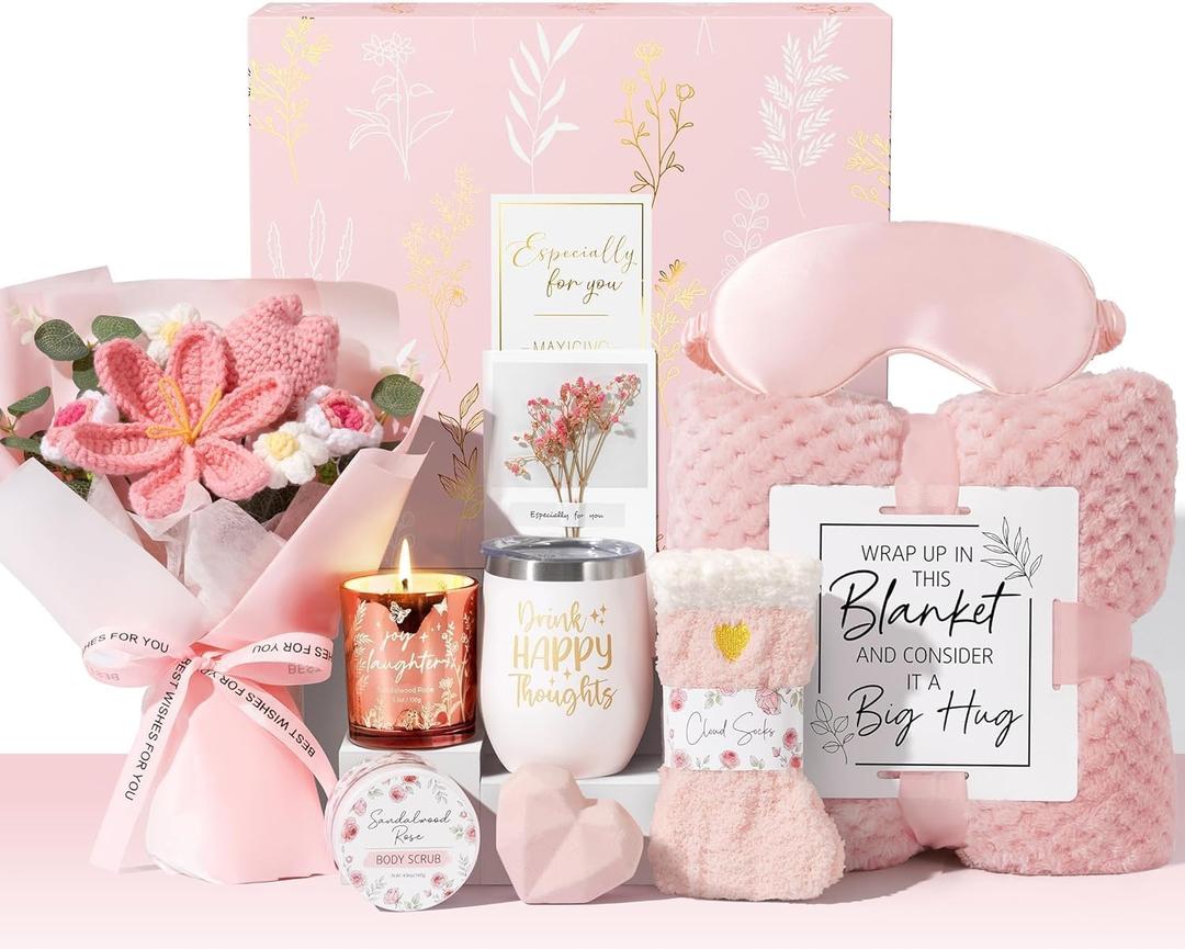 Valentine's Day Birthday Gifts for Women Self Care Package Get Well Soon Gift Baskets, Thinking of You Sympathy Spa Gift Set w/ Crochet Flower Bouquet, Unique Gifts for Women Her Wife Girlfriend Mom