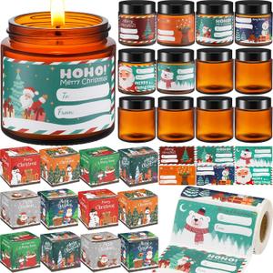 Geiserailie 12 Pcs 3.5oz Christmas DIY Candles Jars Set Include Glass Containers Empty Sample Candle Jars 12 Xmas Candle Boxes 250 Pcs Christmas Gift Tags 274 for Party Favor Gift(Amber)
