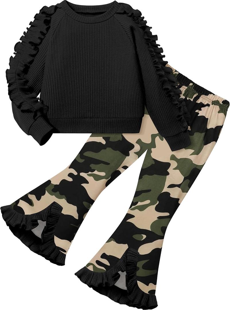 Toddler Girl Clothes Camo Girls Outfits Ruffle Sleeve Tops + Bell Bottom Flared Pants 2 Piece Winter Sweatsuit 2-10T (6-7 Years)