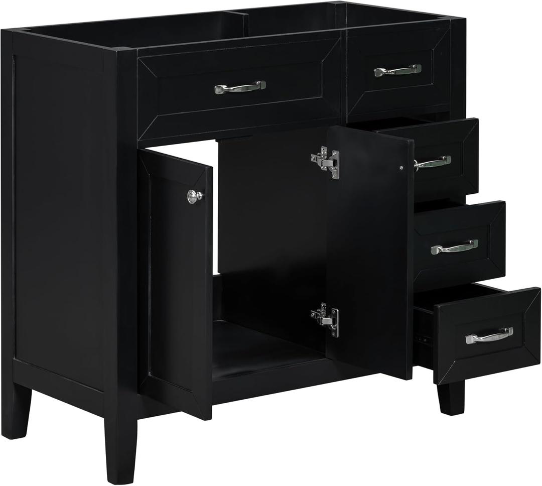 Vanity 36" Floor Cabinet Without Top Sink - Multi-Functional Bathroom Cabinet With Doors & 3 Drawers, Modern Pedestal Storage Base Only (No Basin), 35.5"D x 17.7"W x 35"H Black