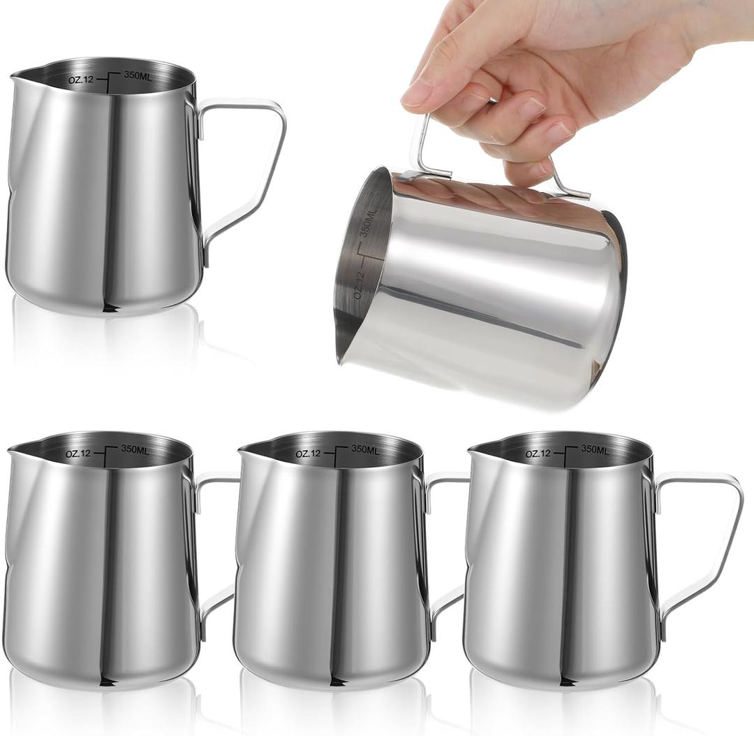 6 Pcs Milk Frothing Pitcher, Coffee Milk Frother Cup, 12oz Espresso Milks Frothing Pitcher with Measurement Marks, Stainless Steel Coffee Jug for Latte Art & Cappuccino, Silver