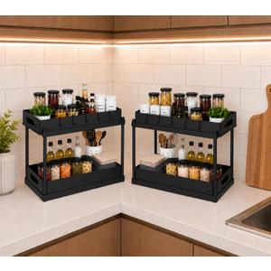 2 Pack Under Sink Organizer, Pull-Out Cabinet Storage Organizers for Bathroom & Kitchen, Multi-Purpose Under Counter Shelf Rack for Cleaning Supplies, Bottles & Toiletries, Cabinet Organizer-Black