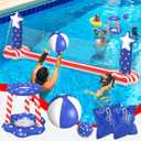 Gardentime Inflatable Volleyball Net and Basketball Hoops Pool Floating Toys Swimming Water Games for Adults and Kids 8-12 Teens Volleyball Court (122x25x40) American Flag Summer Floaties