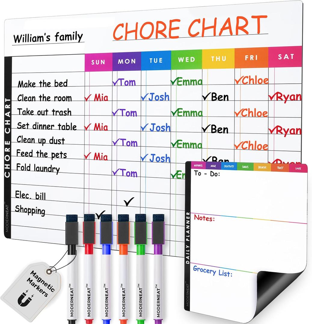 Magnetic Chore Chart Dry Erase Whiteboard Set - Pocket Charts for Multiple Kids, Teens & Adults (15"x 11.5"), Daily to-Do, Grocery, Notes (9"x 7") -Behavior Chart for Fridge & 6 Fine Tip Markers