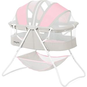 Dream On Me Karley Baby Bassinet in Grey and Pink, Lightweight Portable, Quick Fold and Easy to Carry , Adjustable Double Canopy, Indoor and Outdoor with Large Storage Basket.