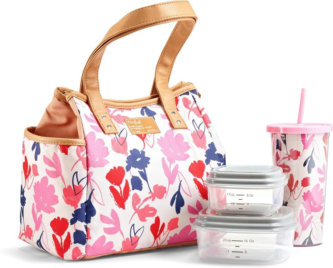 Fit & Fresh Lunch Bag For Women, Insulated Womens Lunch Bag For Work, Leakproof & Stain-Resistant Large Lunch Box For Women With Containers and Matching Tumbler, Zipper, Westerly Lunch Bag, Floral (Botanical Silo Pink)