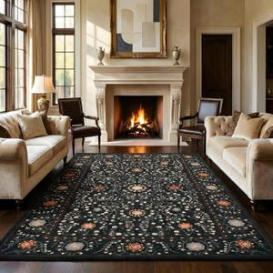 GarveeHome Boho 5x7 Area Rug for Bedroom, Floral Vintage Rugs for Living Room with Soft Low Pile, Non Slip Botanical Washable Rugs 5x7 for Dining Room Black Carpet for Entryway Dorm Office Playroom