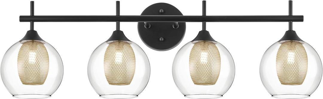 Bathroom Light Fixtures, 4-Light Black and Gold Vanity Lights Over Mirror, 30inch Farmhouse Wall Sconce Lighting with Clear Glass and Honeycomb Metal Shade, AD-22001-4W-BK