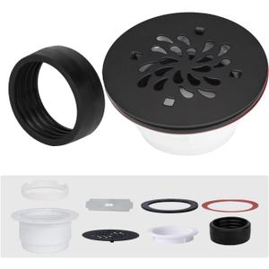 4-1/4 inch Round Shower Base Drain - 2" Pipe No Caulk PVC Compression Shower Drain 304 Stainless Steel with Waterproof Rubber - Matte Black Strainer for Bathroom - For Shower Base,Shower Pan