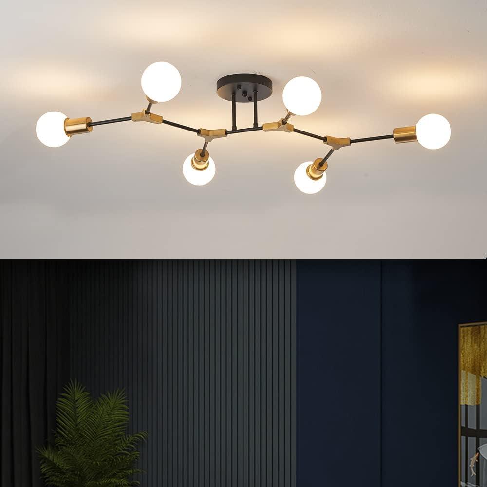 Modern Mid Centur 6 Light Semi Flush Mount Ceiling Lighting Fixture for Living Room Bedroom Dining Room Hallway Kitchen Office,Minimalist Gold and Black Sputnik Chandelier, Color: Style A,06-Light