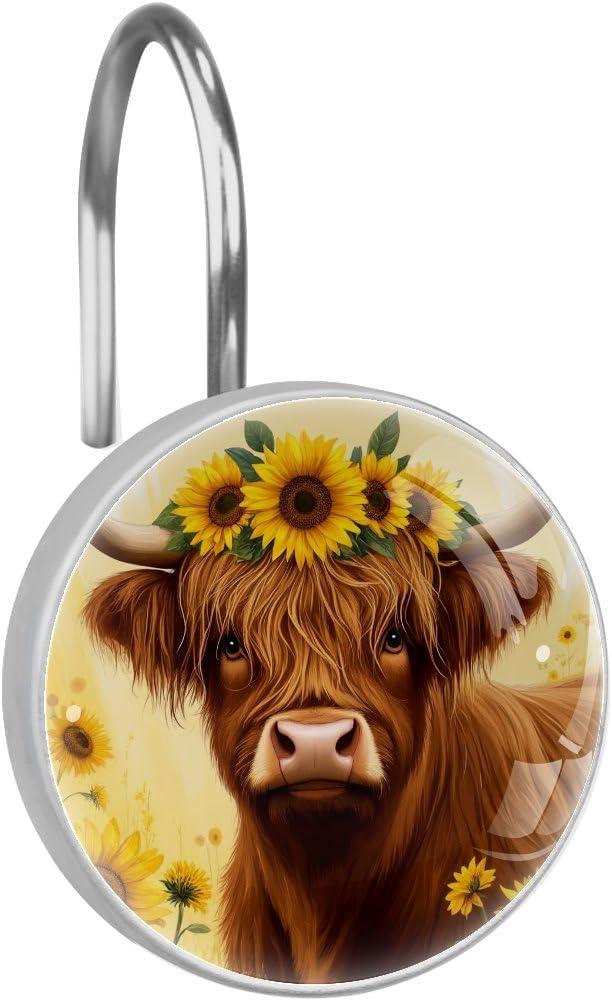 12 Pcs Sunflowers and Highland Cow Round Shower Curtain Hooks Stainless Steel Decorative Hanger Rings for Bathroom Kitchen Bedroom Curtain Rods