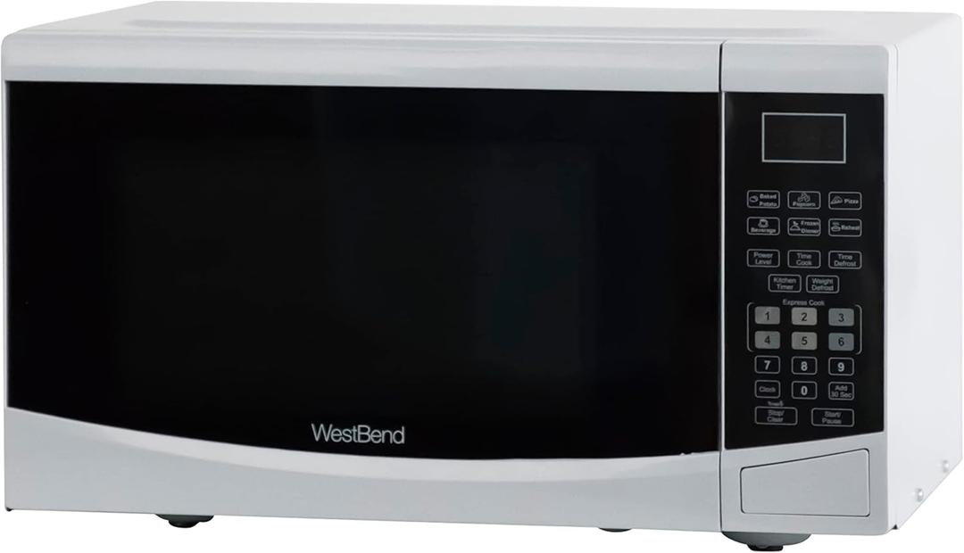 West Bend WBMW92W Microwave Oven 900-Watts Compact with 6 Pre Cooking Settings, Speed Defrost, Electronic Control Panel and Glass Turntable, 0.9-Cu.Ft, White