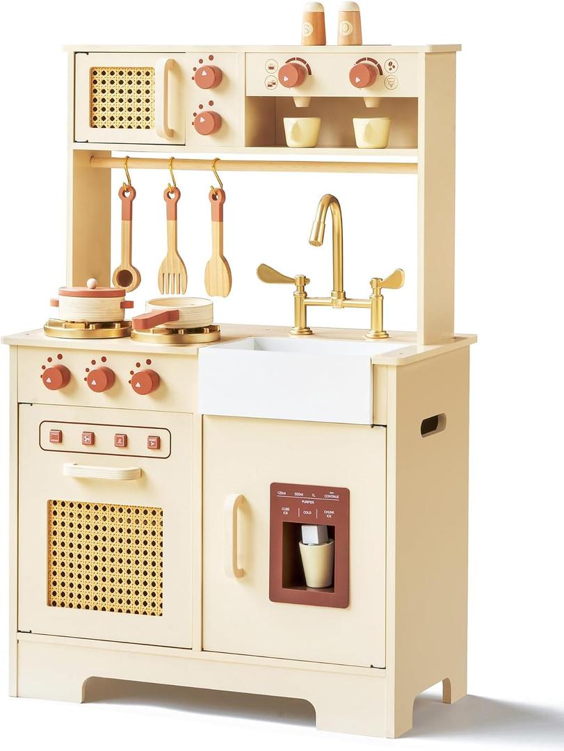 Play Kitchen for Kids, Wooden Play Kitchen Set with Realistic Features, Small Play Kitchen Toy Designed Ideal for Toddlers, for Ages 3+, 11.9 X 22.1 X 35.9 Inches