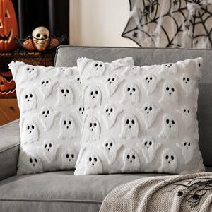 MIULEE Halloween Pillow Covers Cute Ghost Spooky Fall Throw Pillows Set of 2 Soft Plush Faux Fur Decorative Cushion Covers for Couch Sofa Bed Porch Living Room Halloween Decor 18x18 inch White