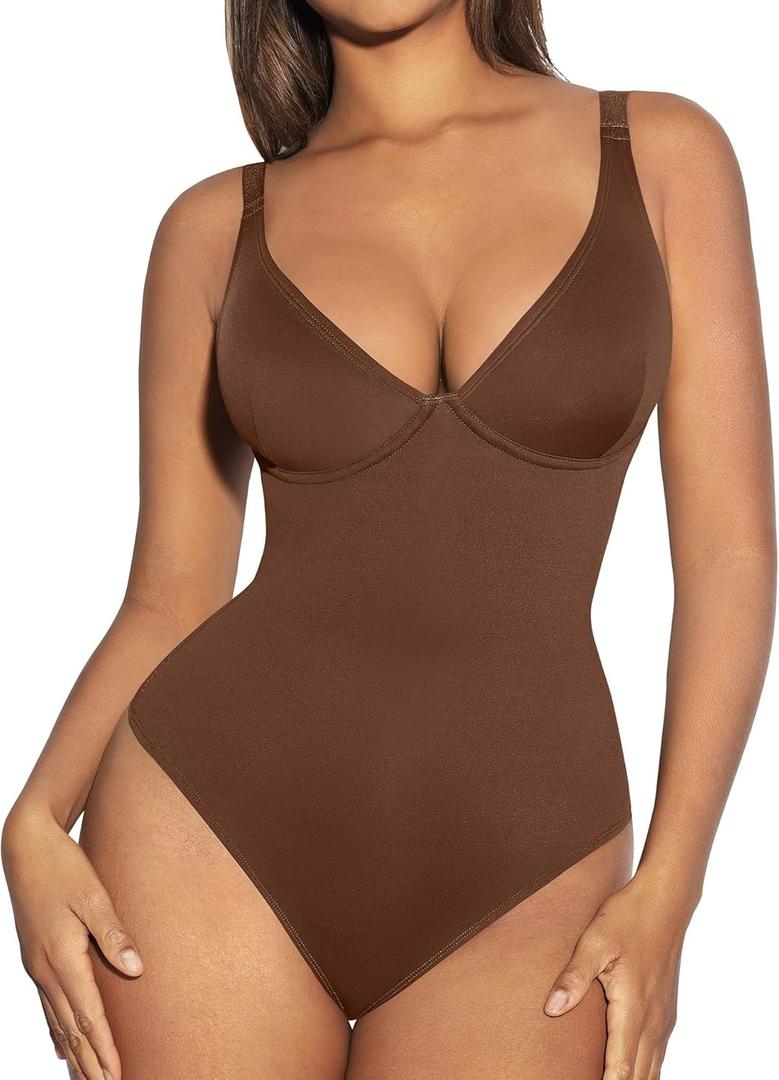 FeelinGirl Shapewear Bodysuits for Women Tummy Control Body Suits Deep V Neck Thong Body Shaper (Small, Brown)