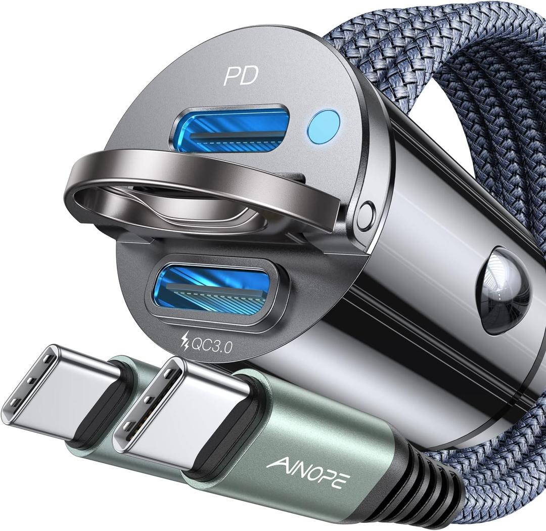 AINOPE Car Charger USB C 72W USB C Car Charger PD36W & QC36W, All Metal USB C Car Fast Charger QC3.0 Cigarette Lighter USB Charger with 3.3ft USB C to USB C Cable Fits iPhone 16 Pro Max