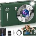 Digital Camera for Kids, FHD 1080P 44MP Point and Shoot Digital Camera with Face Detect, Smile Capture, 16X Zoom, 20 Filters, Anti Shake, 32GB SD Card Green Compact Vintage Camera