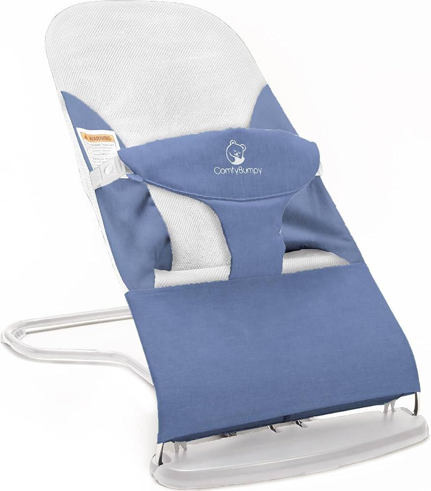 ComfyBumpy Ergonomic Baby Bouncer Seat - Safe, Portable Bouncing Chair with Adjustable Height Positions - Infant Bouncy Seat Perfect for Newborn Babies (Blue)