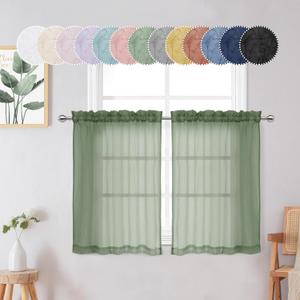 Chyhomenyc Crushed Sheer Sage Green Curtains 24 Inch Length 2 Panels, Light Filtering Solid Crinkle Voile Lightweight Textured Sheer Curtian for Bedroom Bathroom, 28Wx24L Inches, 2 PCS