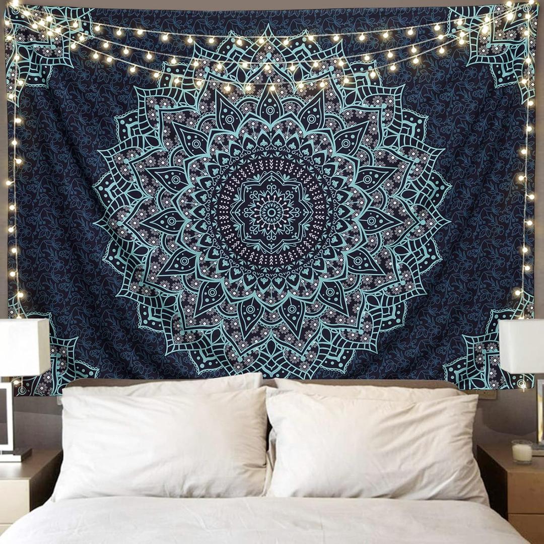 Black Blue Mandala Tapestry Wall Hanging Vintage Tapestries Aesthetic Hippie Wall Decor Bohemian Wall Art Boho Home Decoration for Bedroom, Living Room, Dorm (91"L x 71"W)