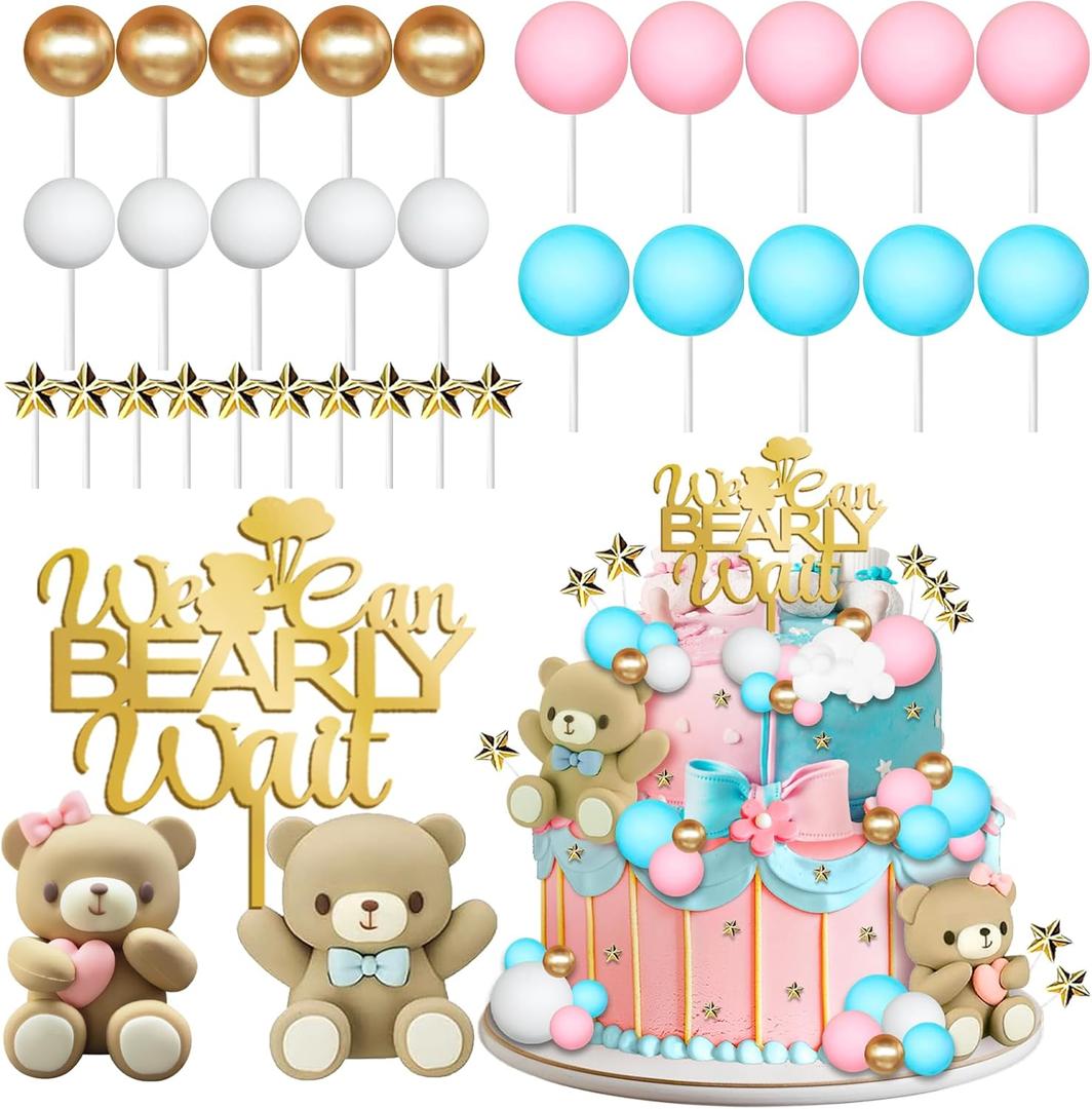 33 Pieces Gender Reveal Cake Toppers, Bear Cake Decorations Includes We Can Bearly Wait Cake Topper, Stars, Pearl Balls, Pink and Blue Bear for Baby Shower He or She Gender Reveal Party Supplies