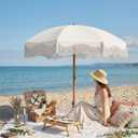 7ft Patio Umbrella with Fringe, Boho Beach Umbrellas, Outdoor Tassels Umbrellas with Push Button Tilt & Carrying Bag, 8 Windproof Fiberglass Ribs, UPF50+