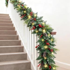 9ft Prelit Christmas Garland with Lights, Battery Operated Lighted Garland Pine Cones & Red Berries, Christmas Decoration for Mantle, Fireplace Indoor & Outdoor Pine