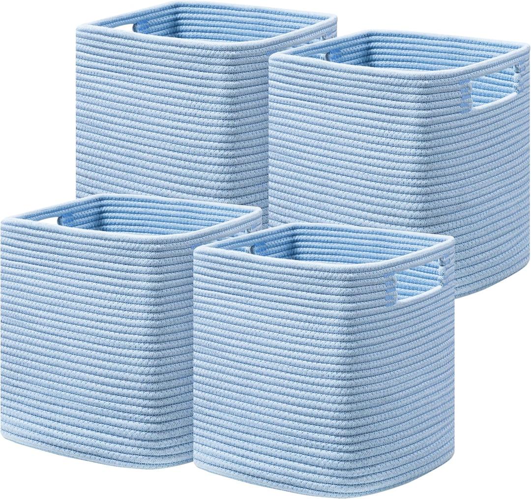 UBBCARE Storage Cubes 11 Inch, Cotton Rope Woven Baskets for Organizing, Cube Storage Bin for Baby Nursery, 4-Pack Square Toy Storage Baskets for Shelves Organizer, Closet, Kidsroom, Blue