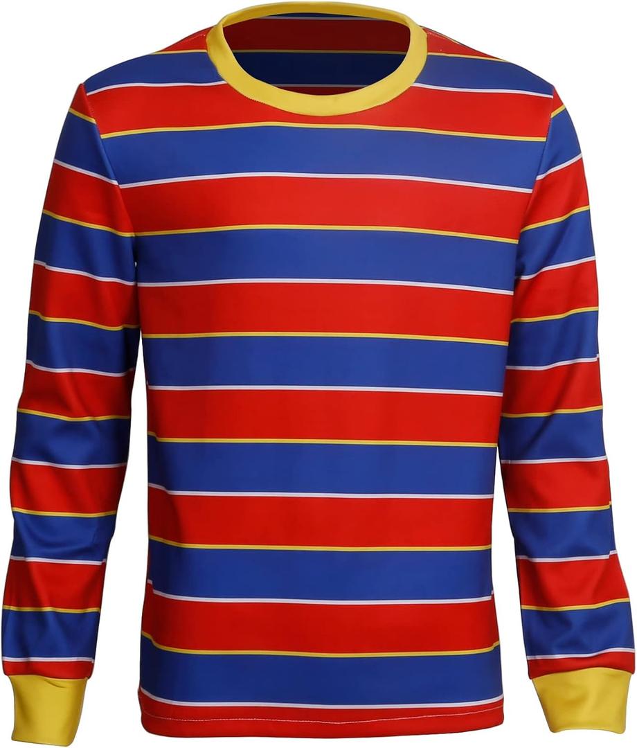 Adult Halloween Cosplay Costume Men's Bert Ernie T-Shirt Multicolored Striped Long Sleeve T-Shirt Basic Pullover Top Shirt (Large, Ernie)