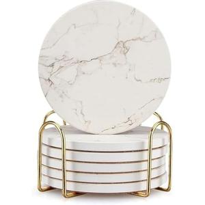 5 Pack White Marble Coaster Set with Holder Absorbent Drink Coasters Ceramic Cute Coaster Bar Dining Coffee Table Accessories Decor Gift Funny Cup Stone Modern Costers Cool Desk Beer Cork Coasters