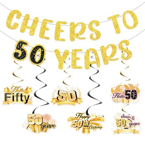 50th Anniversary Decorations Banner Cheers to 50 Years Gold Glitter Banner and Hanging Swirls Happy 50 Years Old Birthday 50th Wedding Anniversary Supplies Decor for Women Men