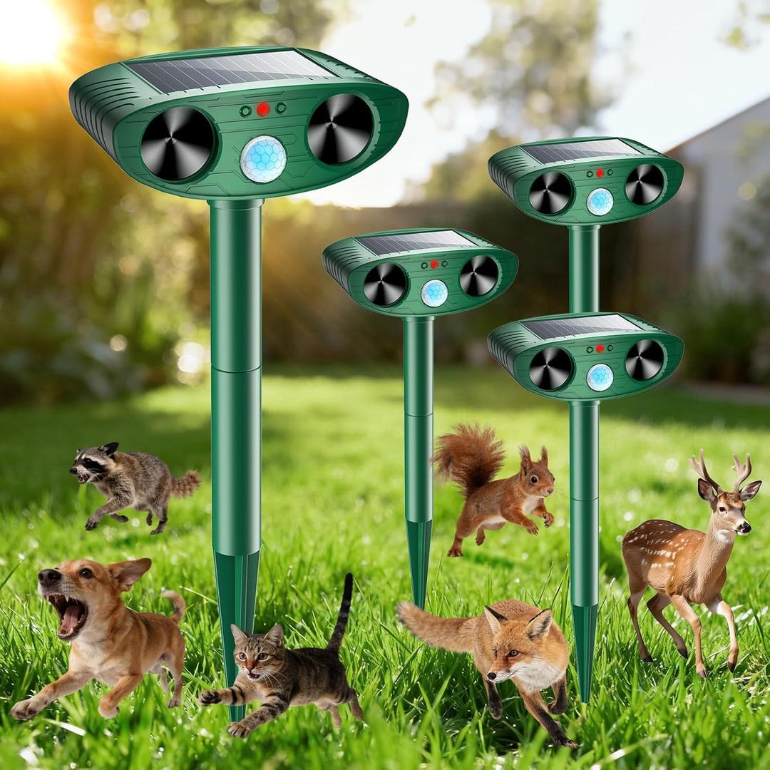 2026 Solar Ultrasonic Animal Repellent Outdoor Motion Activated Cat Deer RepellenSquirrel Raccoon Skunk Rabbit Dog Bird Deterrents Animal Repeller for Garden Yard - 4 Packs