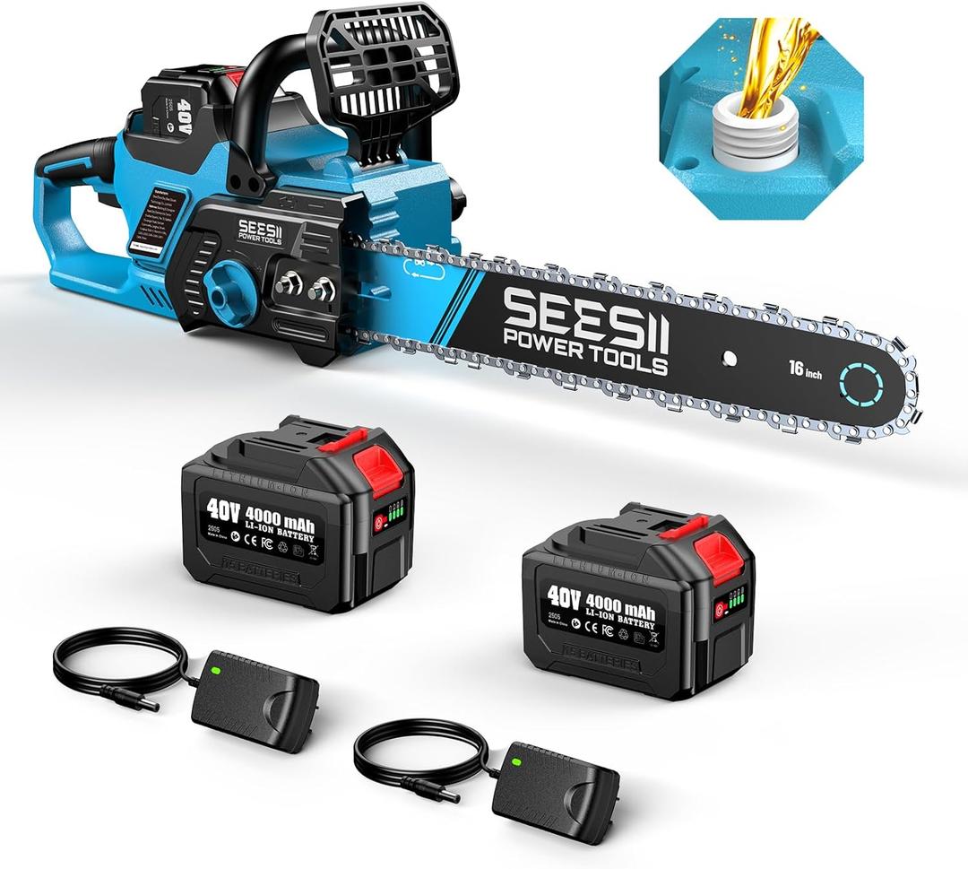 SEESII 40V 16-Inch Cordless Chainsaw: Brushless Electric Chain Saws with 24.0Ah Batteries & Charger, Tool-Free Chain Tension, Auto Oiling, for Tree Trimming, Wood Cutting, Yard Work