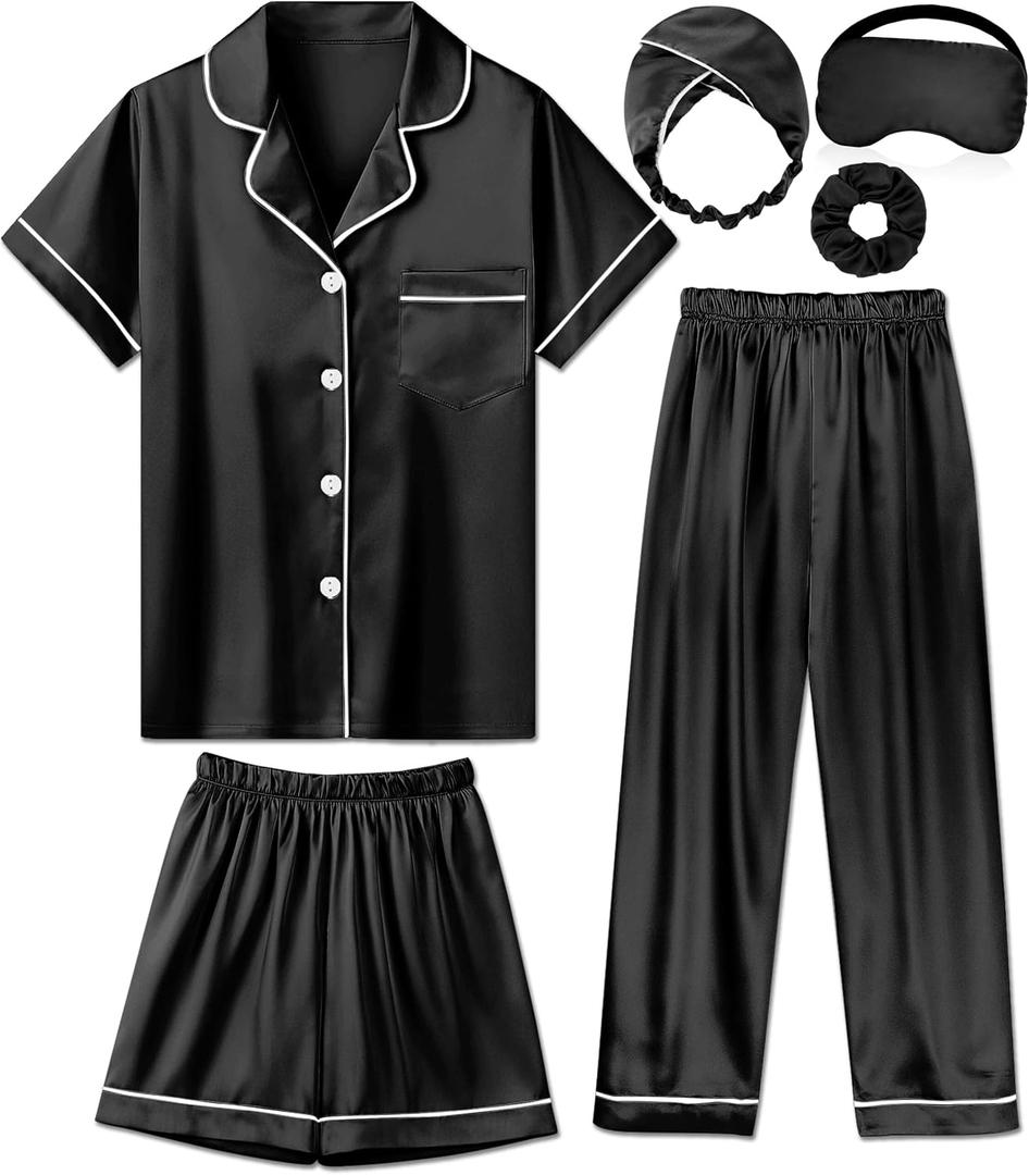 ALHAVONE Silk Pajamas for Girls Satin Pajama Kids 3 Pieces Short Sleeve Girl Button-down Pjs Shorts Pants Sleepwear (Black, 5-6 Years)