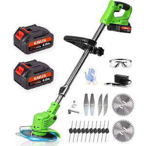 Electric Weed Wacker Cordless, 21V Weed Cordless Eater, 4 in 1 Lightweight Stringless Brush Cutter, with 2 Pcs 4.0 Ah Battery Grass Trimmer, 4 Types Blades for Yard Clearing (Green)