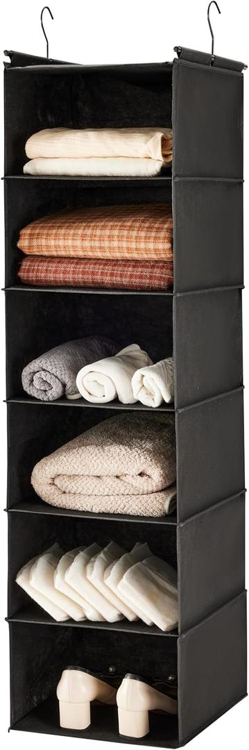 MAX Houser 6 Tier Shelf Hanging Closet Organizer, Closet Hanging Shelf with 2 Sturdy Hooks for Storage, Foldable (Black)