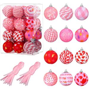 2 x 24 Pcs Valentines Day Balls Ornaments for Tree 30 mm Hanging Glitter Rustic Ball Ornaments for Valentine's Party Decor (Pink, White, Romantic Style)