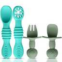 HippoBaby 4pc Silicone Self-feeding Baby Utensils 6-12 months, Toddler Cutlery Set, 3 Baby Spoons, 1 Baby Fork, Toddler Utensils, BPA Free Silicone, Dishwasher Safe, Baby Eating Essentials (Blue/ Green)