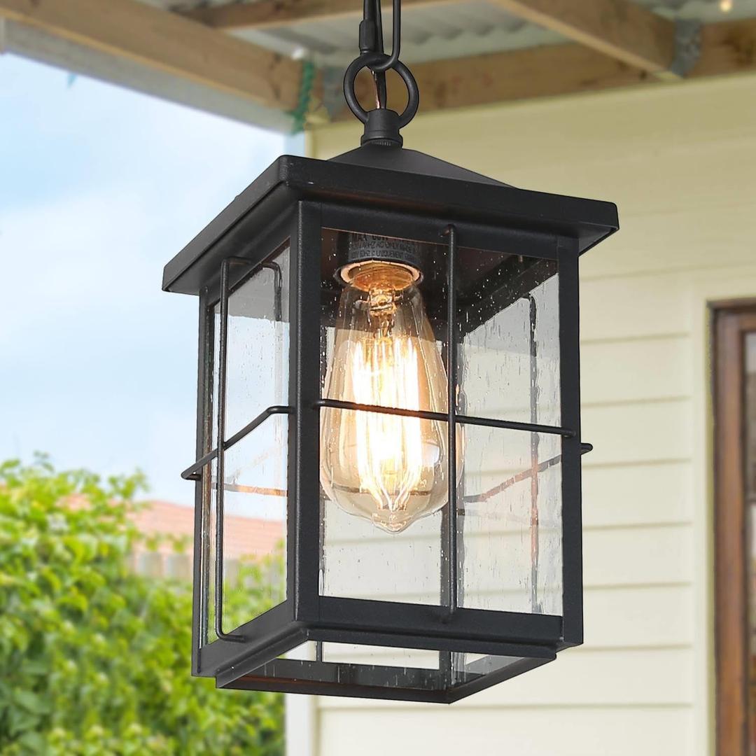 Outdoor Pendant Light Fixture, Farmhouse Exterior Hanging Lights with Adjustable Chain, Black Ceiling Outdoor Light with Seeded Glass, Square Hanging Lantern for Front Door, Entry, Porch, and Gazebo Outdoor Pendant Light Fixture, Farmhouse Exterior Hanging Lights with Adjustable Chain, Black Ceiling Outdoor Light with Seeded Glass, Square Hanging Lantern for Front Door, Entry, Porch, and Gazebo