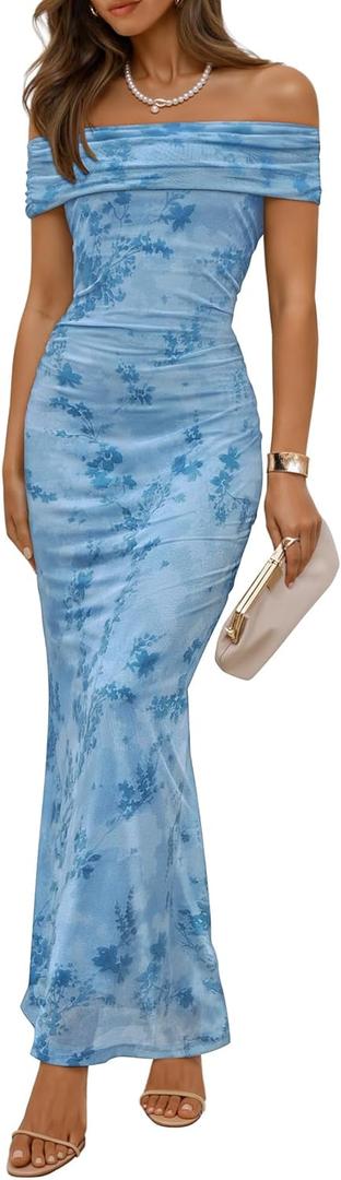 ZESICA Women's Summer Off Shoulder Floral Bodycon Maxi Dress 2026 Ruched Elegant Formal Cocktail Wedding Guest Long Dresses (Light Blue) Small