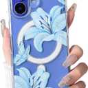 NITITOP Compatible with iPhone 16 Plus Case Clear Magnetic Compatible with MagSafe Cute Lily Flowers Floral for Women Girls Hard PC Back Shockproof Protective Phone Cover - Blue