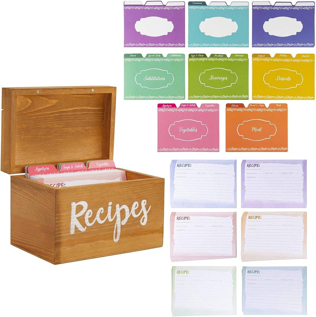 Juvale Wooden Recipe Box with Cards and Dividers with Meat, Veggie, Dessert Tabs (7x5x5 in)