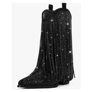 Ouepiano Cowboy Boots for Women - Cowgirl Rhinestone Boots with Sparkly Fringe Pointed Toe Western Boot Chunky Heel Pull-On Wide Calf Botas Vaqueras, Size 9,5