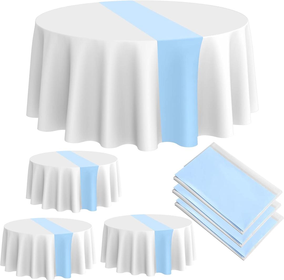 Oudain Round Plastic Table Cloth 84 Inch Disposable Table Cover Stain and Wrinkle Resistant Waterproof Tablecloths for Holiday Graduation Baby Shower Wedding Party Decoration(White, Sky Blue,3 Pcs)