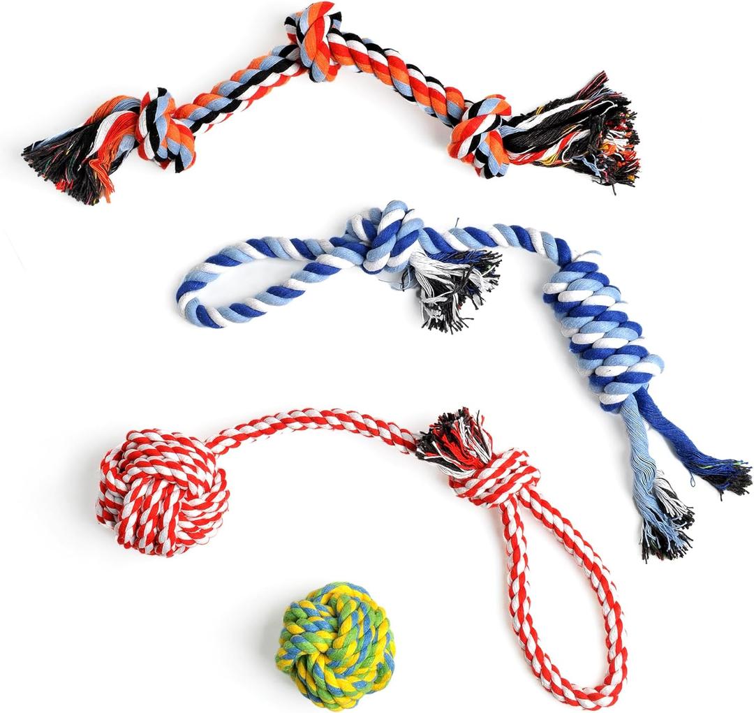Dog Rope Toy 4 Pack - Puppy Teething Toys for Small Breed - Indestructible Dog Chew Toys for Aggressive Chewers - Cotton Tug of War Dog Toys for Boredom, Teeth Clean Dog Rope Toy 4 Pack - Puppy Teething Toys for Small Breed - Indestructible Dog Chew Toys for Aggressive Chewers - Cotton Tug of War Dog Toys for Boredom, Teeth Clean