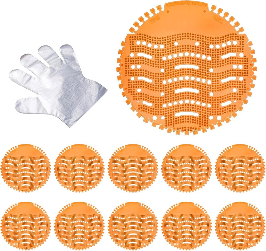 Urinal Screen Deodorizer, Urinal Cakes with Free GlovesAnti-Splash Toilet Deodorizer Urinal Screens Cakes (Orange, 10 PCS) (1 Ounce (Pack of 1))
