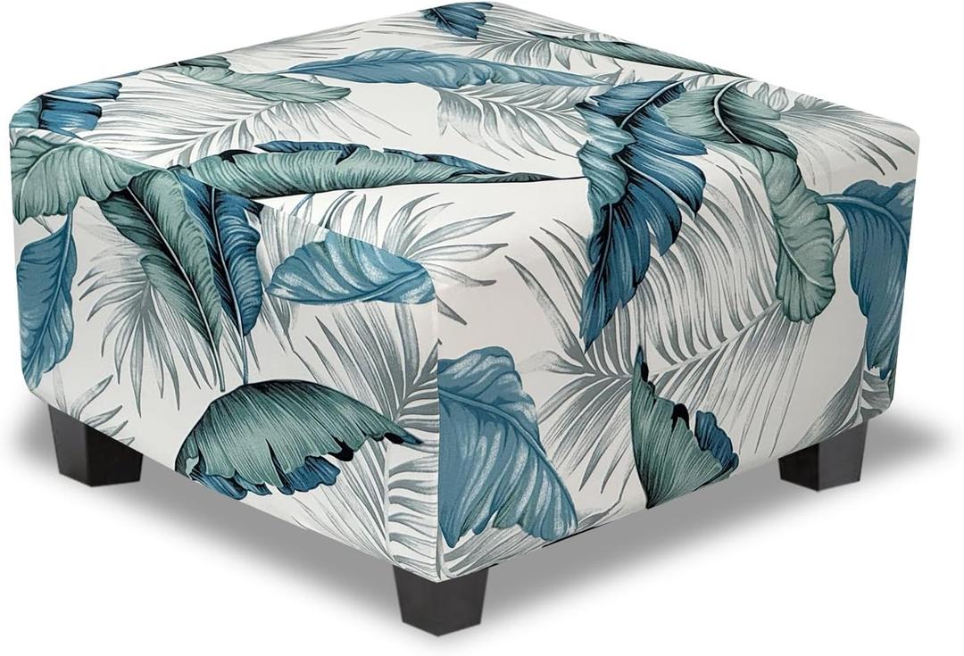 Ottoman Cover Square Slipcovers Printed,Stretch Footrest Stool Cover for Ottoman Square,Soft Foot Stool Cover Protector with Nonslip Elastic Bottom (Large,Palm Leaf)